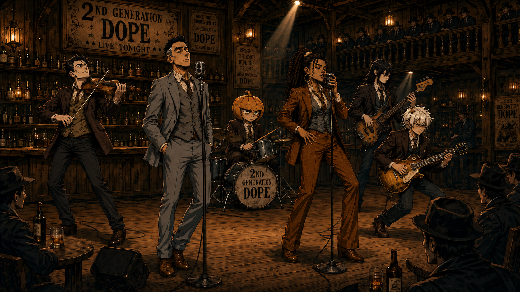 The full band performing in a two-storey western saloon
